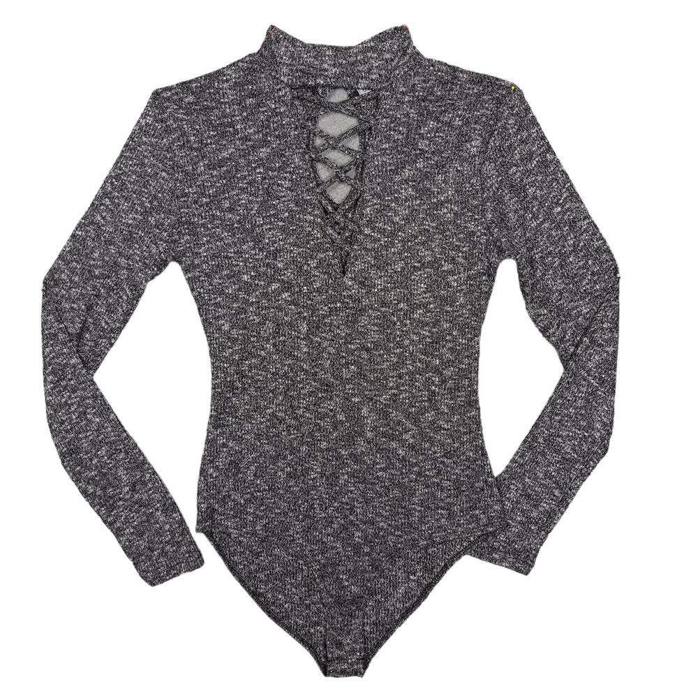 Charlotte Russe Gray Lace-Up Mock Neck Knit Bodysuit